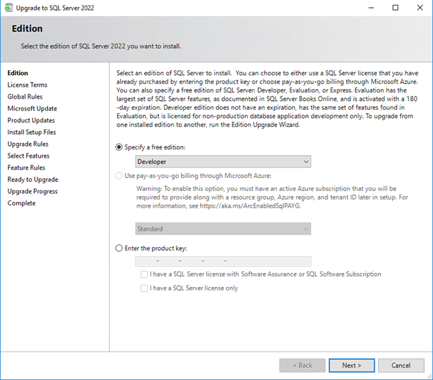 upgrading SQL Server 2022 Edition
