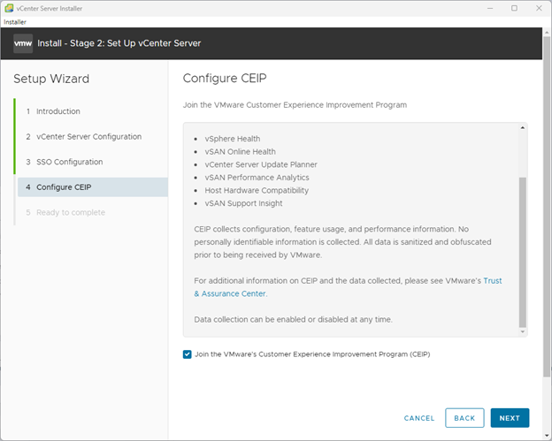 CEIP VMware vCenter Server Appliance 7