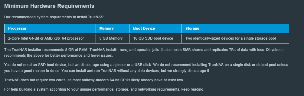 TrueNAS CORE Minimum Hardware Requirements