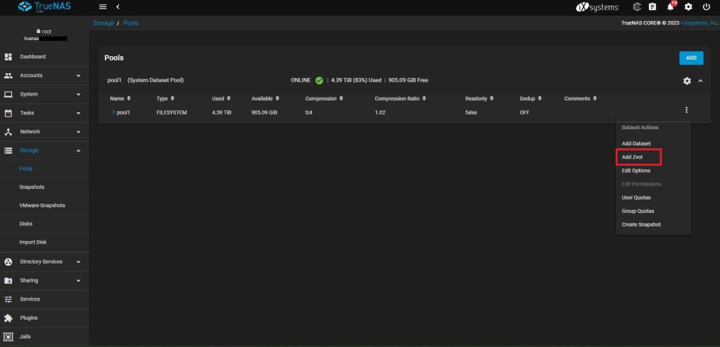 TrueNAS Storage add zVol2