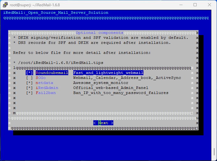 iRedMail choose optional components
